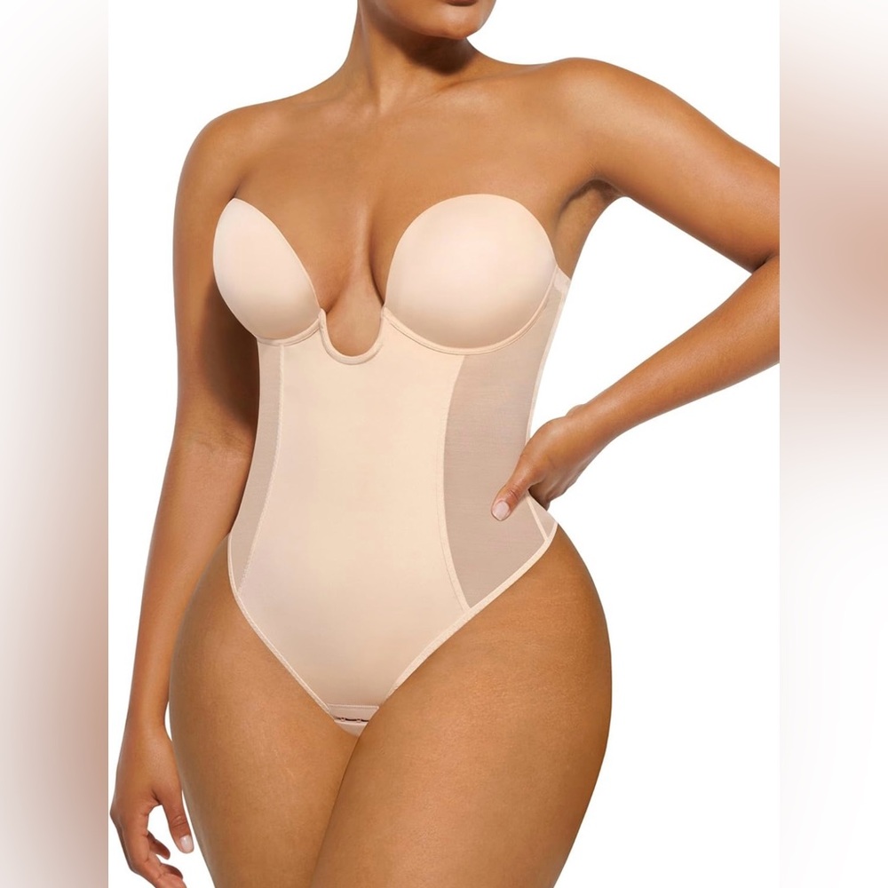 SHAPELLX strapless shapewear bodysuit U plunge corset backless tummy control